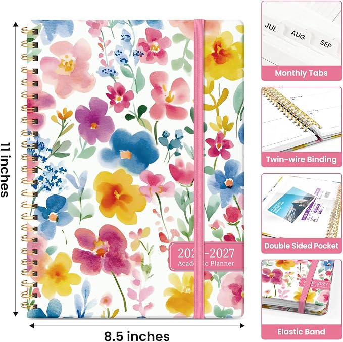 Taja Planner 2026-2027, Jul 2026-Jun 2027 Monthly & Weekly Calendar Planner | 8.5" x 11", Hardcover Academic Calendar, Teacher Student Agenda Book with Tabs, School Office Supplies, Bloom Floral