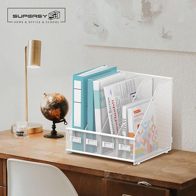 4-Compartment Magazine File Holder and File Organizer for Desk, White | Metal Magazine Holder and Magazine File Holder, 4-Compartment File Organizer for Binders Folders Magazines and Paper