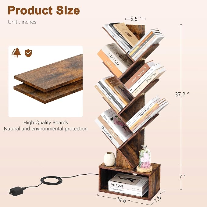Hoctieon 6 Tier Tree Bookshelf, Tall Bookcase, Freestanding Book Shelf with LED Lights, Display Floor Standing Storage Shelf, Book Organizer Shelves for Home Office, Living Room, Rustic Brown