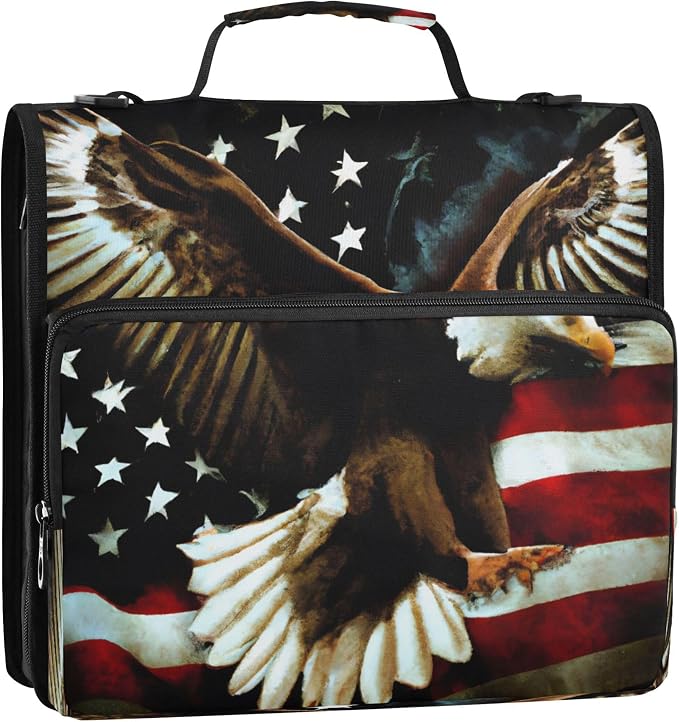 3 Ring Zipper Binder Patriotic American Theme Trapper Keeper Binder Organizer Portfolio with File and Shoulder Strap & Handle Large Capacity File Folder