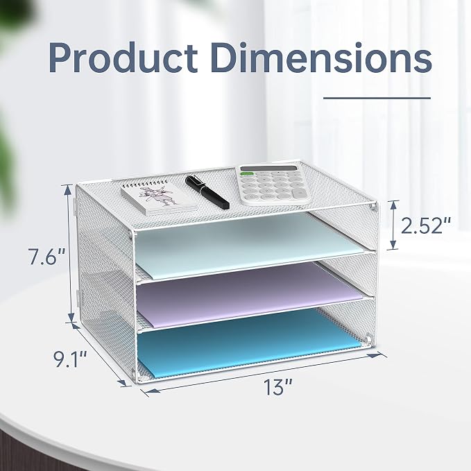 DALTACK 3 Tier Letter Tray Paper Organizer with Sliding Mesh Trays White | Metal Mesh File Organizer with Sliding Trays for Letter and A4 Paper, Mail, Bills, Folders and Office Documents