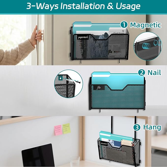 3 Pack Magnetic File Holder with Hooks and Labels, Black | Metal mesh magnetic folders attaches without drilling, keeping A4 and letter files accessible on cabinets or whiteboards