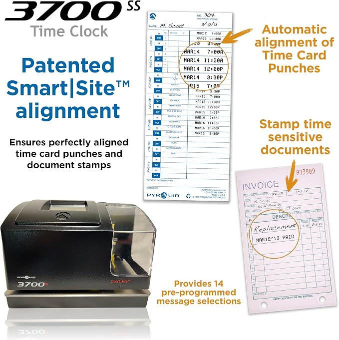 Pyramid Time Systems 3700ss Heavy Duty Time Clock & Document Stamp | Metal Base & Polycarbonate Cover, Includes 25 Time Cards, 1 Ribbon and 2 Security Keys, Time Clocks-3700 Replacement