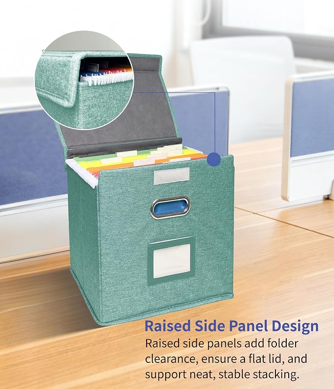 2 Pack Hanging File Folder Box with Lid, Durable Letter Size Filing Storage Box, Sturdy File Holder with Cardboard Support PVC Rails for Office Home Organizer, Green