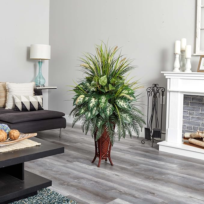 Nearly Natural 6725 Mixed Greens and Cattails Plant with Stand Planter, Green 34 x 32 x 50 | Lush Lifelike Foliage, Bamboo Stand Planter Included, Perfect Maintenance-Free Accent for Home or Office Decor