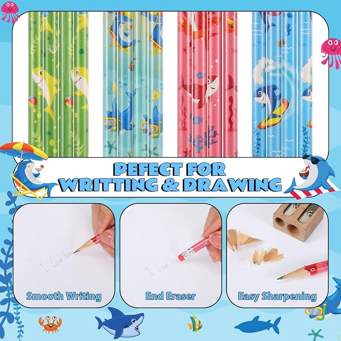 Geyee 36 Pcs Space Pencils Hawaiian Shark Themed Party Favors, Shark