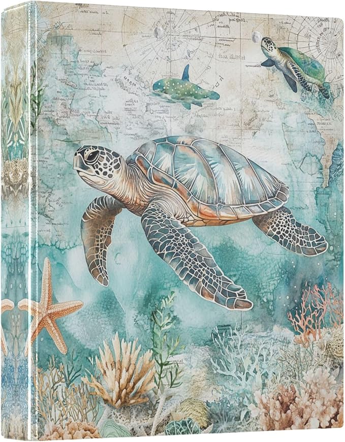 Sea Turtle Shell Starfish Coral Round Ring Binders 1.5 Inch Whale Nautical Ocean Theme 3 Ring Clipboard Binder for Office School Work Supplies File Folder 200 Sheet Capacity