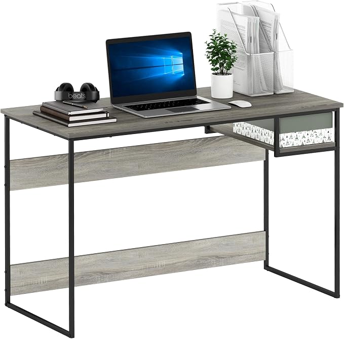 Furinno Moretti Lifestyle Study Desk, 45 Inches, French Oak Grey | with Lower Shelf, Open Frame, Rectangular, Gaming Desk, for Computer, Writing, for Home Office, Study Room, Dorm