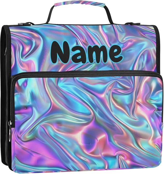 Custom Metallic Liquid Painting Rainbow 3 Ring Binder Bag 1.5 inch Personalized Name Binder Organizer 500 Sheet Documents Storage for School Office