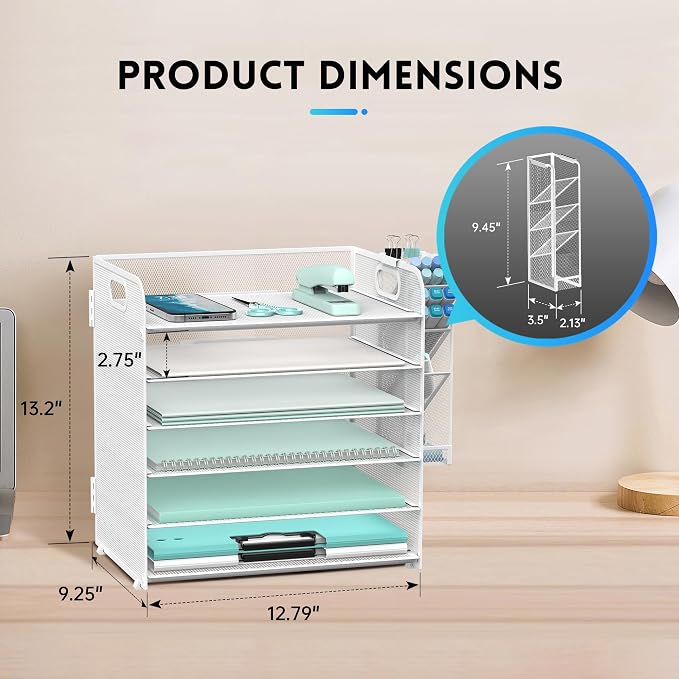 6 Tier Desk Organizer with 4 Pen Holders & Mesh Paper Trays White | 6 Tiers Paper Organizer, File Organizer Letter Tray with Handle for A4 Files, Folders, Mail and Office Supplies
