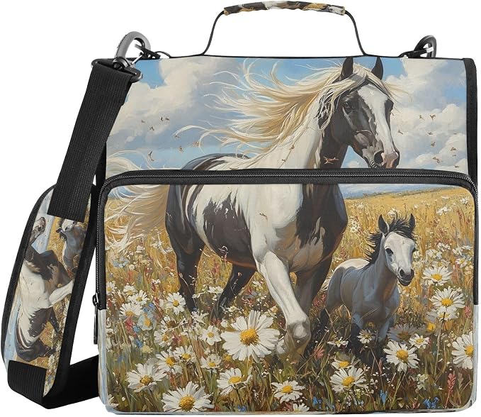 ALAZA Zipper Binder 3 Ring Horse in The Daisy Flower Field Binder Organizer with Zipper and Shoulder Strap Large Capacity Multi-Pocket Trapper Keeper File Folder for Office Supplies