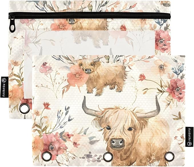 Cute Highland Cows Flowers Pencil Pouch for 3 Ring Binder, 2 Pack Waterproof Pencil Bags Clear Window Pencil Case Zipper School Office Supplies