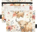 Cute Highland Cows Flowers Pencil Pouch for 3 Ring Binder, 2 Pack Waterproof Pencil Bags Clear Window Pencil Case Zipper School Office Supplies