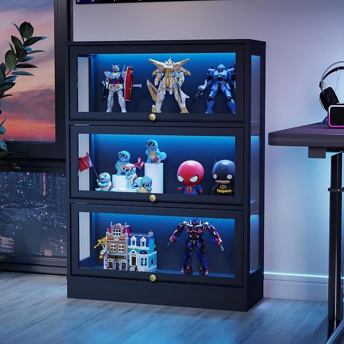 Display Cabinet with Acrylic Glass Doors,3-Tiers Curio Cabinet with LED Lighting for Collectibles, Collectibles Toy Organizers Rack & Display Shelf Display Case Storage Cabinet, Black
