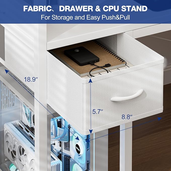 Grandder Gaming Desk 40 Inch with Power Outlet and LED Light, Computer Desk with Reversible Shelves and Storage Drawer, Pc Small Desk for Home Office Table with Bag, Carbon Fiber White