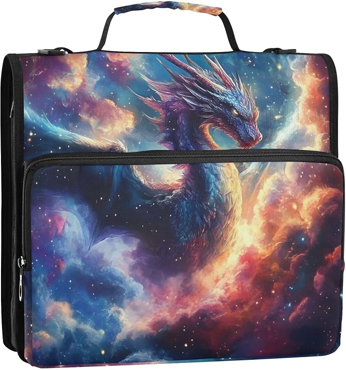 3 Ring Zipper Binder with Shoulder Strap Dragon Galaxy Purple Space 2 Inch Zippered Binder Bag 500 Sheet Capacity Multi Pockets for School Supplies