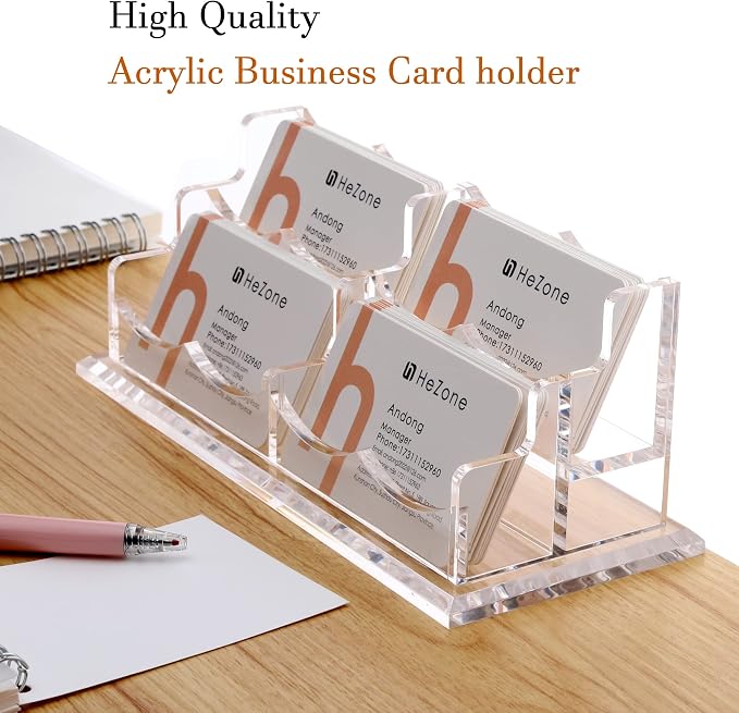 HeZone Business Card Holder Display for Desk, Cards Organizer Case for Women and Men 4 Slot 2 Tier, Clear Acrylic Business Card Stand Rack with 1 Pack (4 Grid-H)
