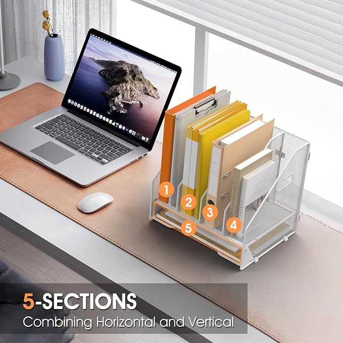 4 Vertical Mesh Desk Organizer with Paper Letter Tray, White | Sorting racks with lower letter tray section. Multipurpose mesh desktop space saver for home office and school