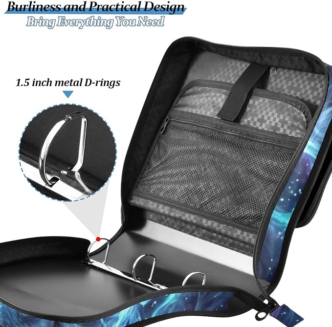Wolf Space Star Pattern 3 Ring Zipper Binder with Shoulder Strap & Handle 2 Inch D-Ring Zippered Binder Bag with Multiple Pocket & Pencil Pouch, Binder Organizer for School or Office
