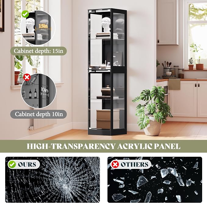 AMERLIFE 16-Inch RGB Display Cabinet | 70 H x 16 W x 16 D In, 4-Tier Storage, Adjustable Shelves, RGB LED Lights, for Collectibles, Black