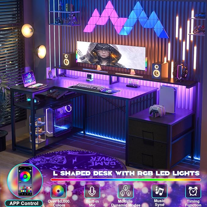Aheaplus L Shaped Desk with File Drawer, Reversible L Shaped Computer Desk Gaming Desk with Power Outlet & LED Strip, Home Office Desk with Monitor Shelf, Corner Desk with Storage Shelves, Black