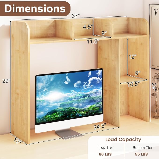 WAYTRIM Desk Shelf, Desk Hutch 3-Tier Desktop Bookshelf & Desk Organizer Shelf for Top of Desk, Wood Desktop Storage Shelf for Dorm, Office, Small Space, Desk Organizers and Accessories