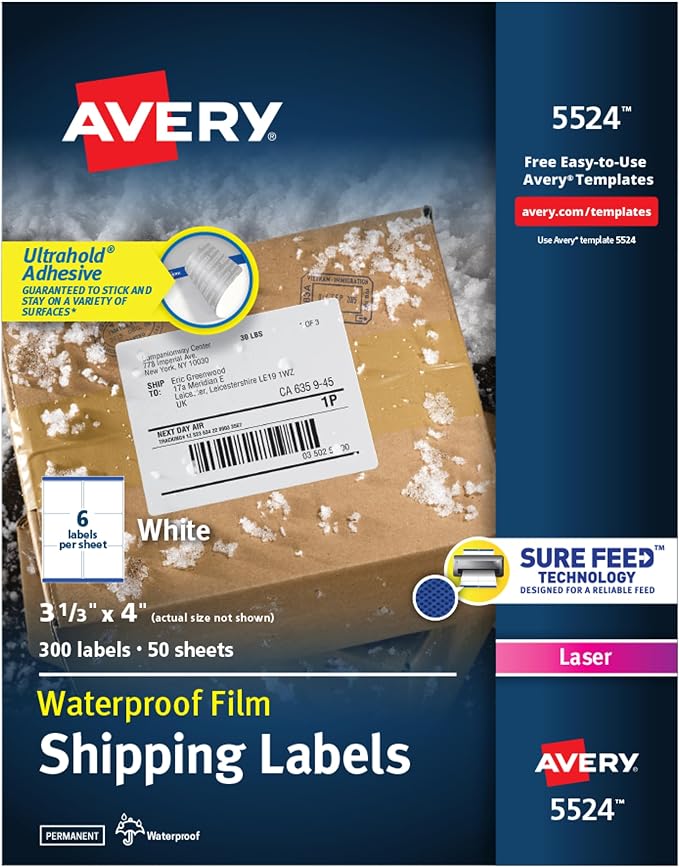 Avery Durable Waterproof Shipping Labels with Sure Feed Technology, 3-1/3" x 4", White, Laser Compatible, 300 Blank Labels Total, Great for Mailing, Branding, and More (5524)