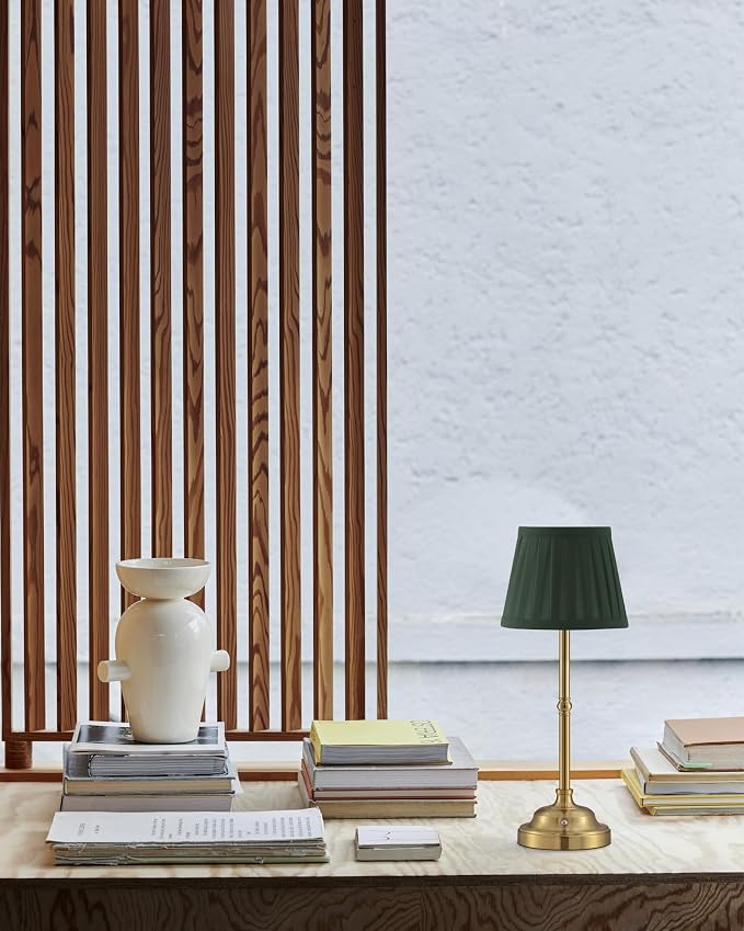 KDG Gold Cordless LED Table Lamps Set of 2, Green Fabric Shade Desk Lamps | Portable 4000mAh Rechargeable Battery Powered, Dimmable Lighting for Dining Room, Bedroom, Bedside, Night Light, Balcony