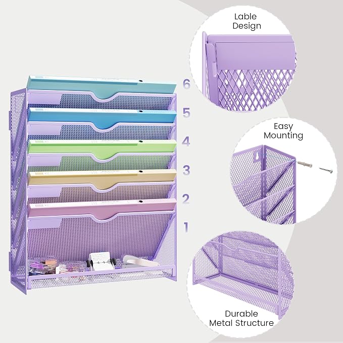 Hanging Wall File Organizer, Desk Organizer with Metal Mesh, 6-Tier | Foldable Document Organizer for Office Desk, Wall Mount Magazine Rack for Mail/Books/Tablet, Purple