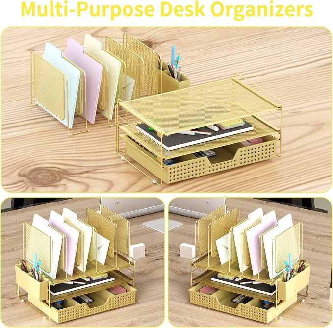 LEKETREE Gold Desk Organizer, Office Organization with Vertical File Holder, File Organizer with Drawer and Pen Holder, Desk Accessories and Workspace Organizers for Home Office (Gold)