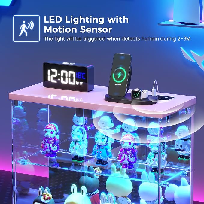 Dystler Glass Display Case with LED Lights, Small 2-Tier for Figures | Lighted Display Cabinet with Motion Sensor, Clear Tempered Glass Door, USB-C Charging Hub for Collectibles, Rocks, Tabletop