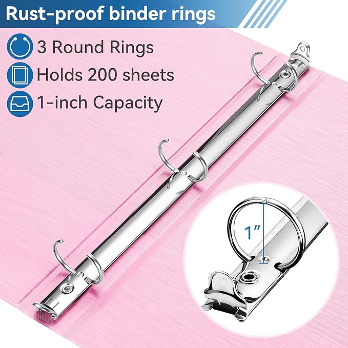 SUIN 1-inch 3 Ring Binder with 2 Interior Pockets, 1''Durable Binders Holds US Letter Size 8.5'' x 11'' Paper - Versatile Binders for Office, Home, and School Use, 6 Pack Brush Finish