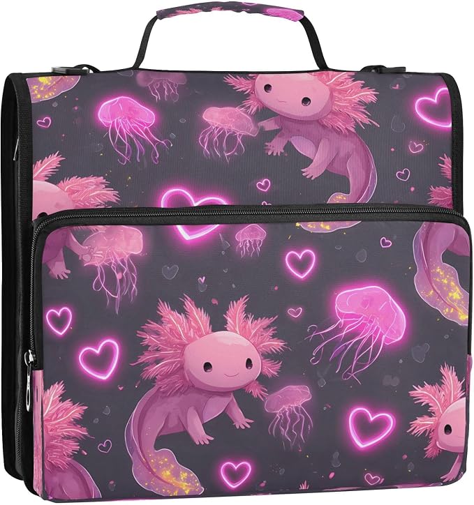 ALAZA Zipper Binder 3 Ring Glowing Love Heart Axolotl Binder Organizer with Zipper and Shoulder Strap Large Capacity Multi-Pocket Trapper Keeper File Folder for Office Supplies