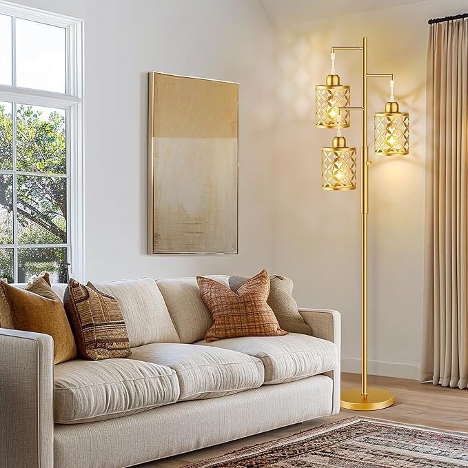 Dimmable Floor Lamp, Farmhouse Standing Lamp with Elegant Metal Cage, Industrial Tall Tree Floor Lamps for Living Room Bedroom Study Room Office, 3 x 800LM LED Bulbs Included - 68", Gold