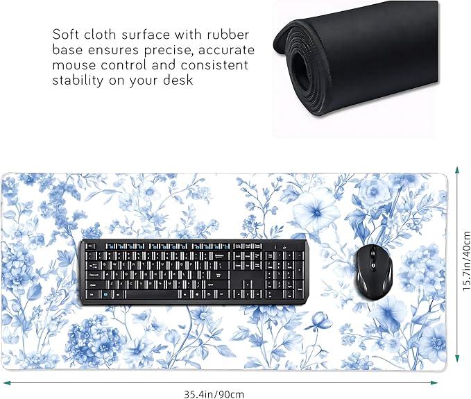 Floral Aesthetic Dahlia Gaming Mouse Pad, White Blue Chinoiserie Desk Mat with Anti-Slip Base & Stitched Edges,35.4" x 15.7" in Table Mat for Computer Desktop, Beautiful Workstation Decor