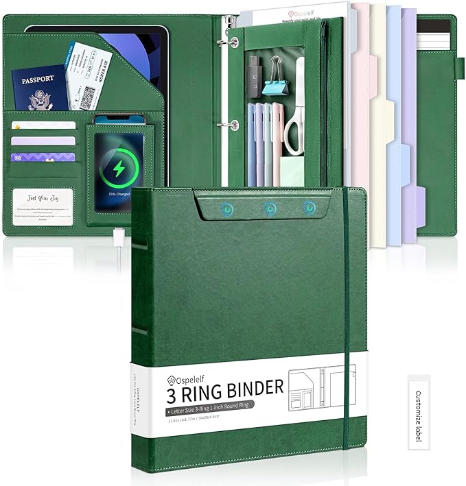 Ospelelf Green Leather 3 Ring Binder 1 Inch Round Ring, Magnetic Clipboard Folio with Storage Zipper Pouch, 5 Dividers with 10 Pockets, Professional Binder for School Office Nursing
