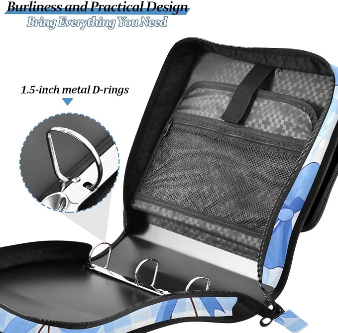 3 Ring Zipper Binder with Shoulder Strap Cherry Blue Bow 1.5 inch Binders Keeper Large Capacity Multi Pockets for School Office Supplies