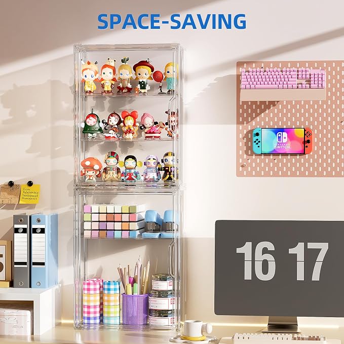 JOYZAN Acrylic Display Case for Collectibles, 2 Packs 3 Tiers Clear Display Case for Figures, Wall-Mounted Storage Box with Magnetic Door, Adjustable Figurine Display Shelf Dust-Proof Showcase