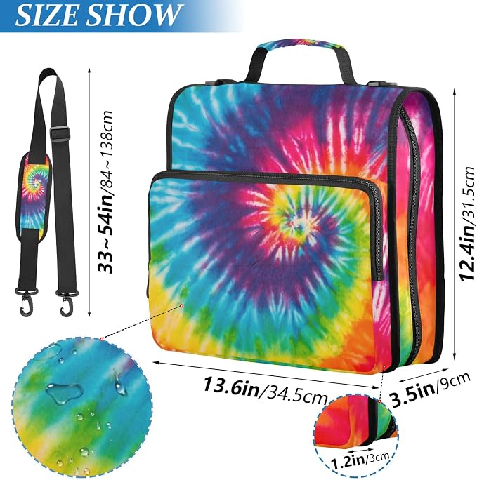 Fisyme Tie Dye Rainbow Zipper Binder 3 Ring with Zipper and Shoulder Strap Large Capacity Multi-Pocket Binder Organizer