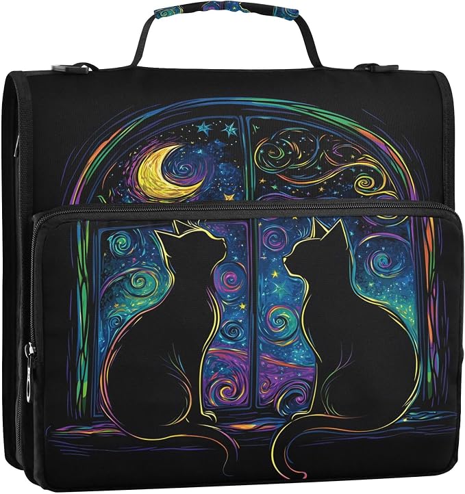 MNSRUU 3 Ring Binder Bag, 2 Inch D-Rings Easily Organizes 1 Inch Fits Letter Sized Paper, Two Black Cats in A Window Large 3 Hole Zipper Binder Organizer for School Office Supplies