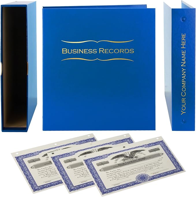 Business Records Corporate Kit (Blue) - Binder, Slipcase, Minutes & Bylaws, Stock Certificates with Stubs & Customizable Index Tabs