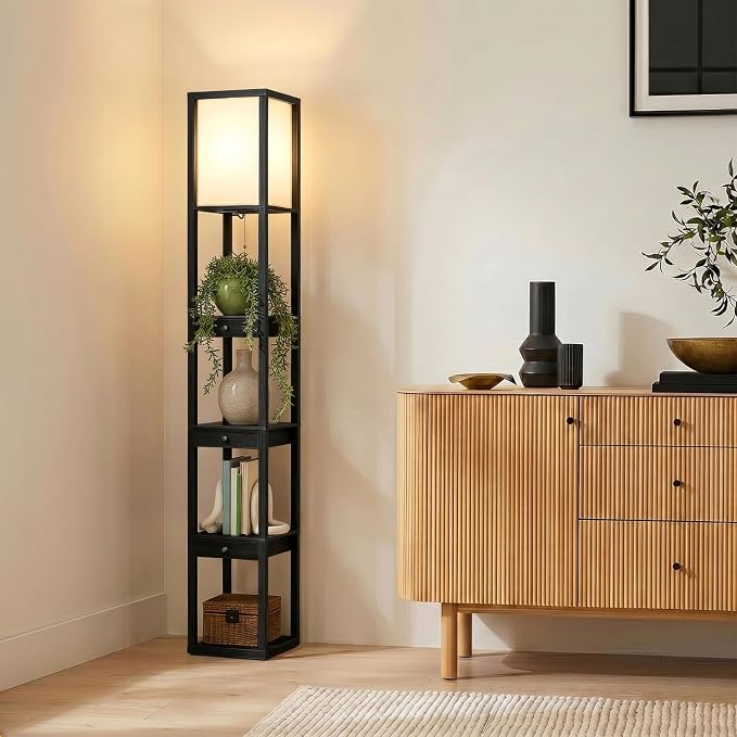 Brightech Maxwell Drawer Edition - Modern Shelf Floor Lamp with Drawer - Corner Display Floor Lamps with Shelves for Living Room, Bedroom and Office - Black