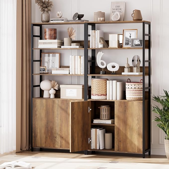 Garvee 71" Tall Bookshelf with Doors and Adjustable Shelf, Brown | Industrial Display Standing Shelf Rack with 3-Tier Shelves, Bookcase with Protective Rails for Living Room, Office