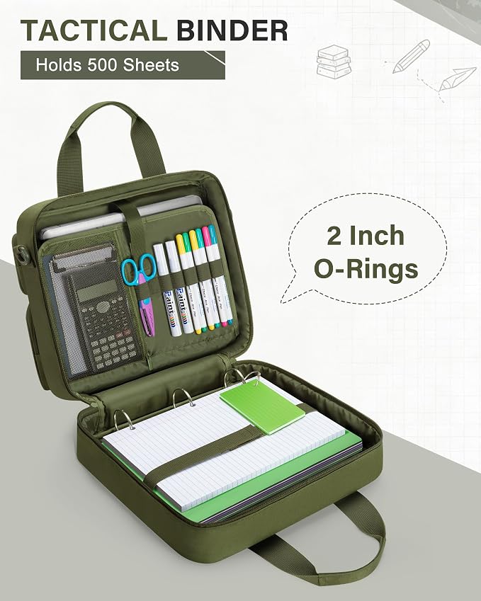 Fasrom Tactical 3 Ring Zipper Binder, 2 Inch Binder Organzier Bag for Men | 2-Inch O-Ring, Holds 500 Sheets, Fits 13-Inch Laptop, 3 Exterior Pockets, Shoulder Strap for Work & Office, Olive Green