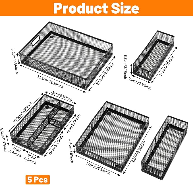 5 Pack Desk Drawer Organizer Tray Set - Stackable Metal Mesh Desk Drawer Organizers and Accessories, for Office Supplies Storage(Black)