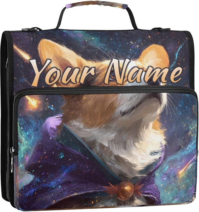 Custom 3 Ring Zipper Binder Corgi Starry Sky Galaxy Personalized Name 2 Inch Zippered Binder Bag Multi Pockets for School Supplies
