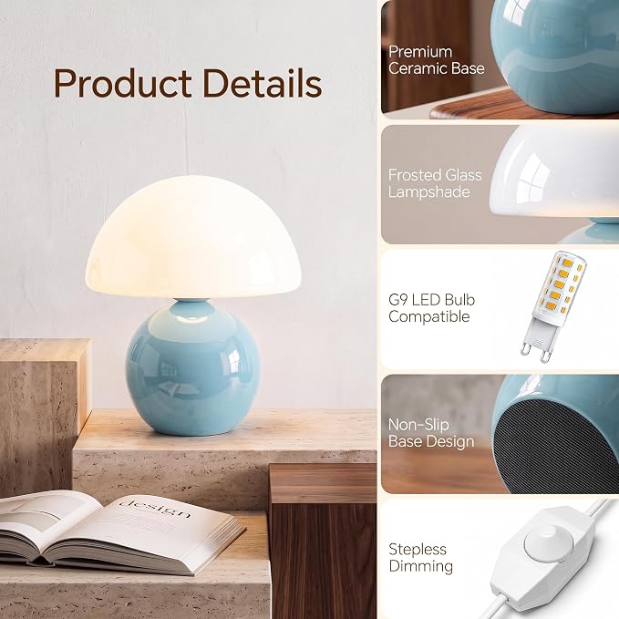 Mushroom Lamp Table Lamp for Bedroom-Small Desk Table Lamps,Blue | 8.7" Mid Century Modern Table Lamps for Living Room Bedroom Decor,Cute Ceramic Lamps for Mushroom Home Room Decor,Glass Shade