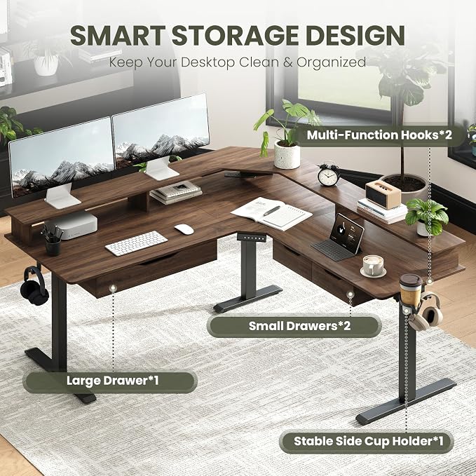 MALOL 59" L Shaped Electric Standing Desk with Drawers, Height Adjustable Desk with Power Outlets & LED Lights, Monitor Stand, Corner Computer Desk for Home Office, Walnut