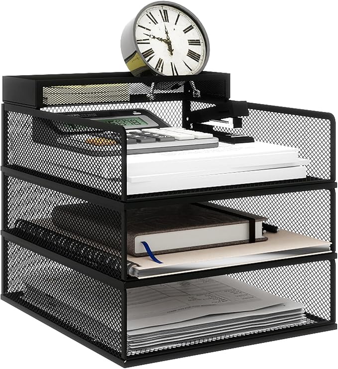 Natwind 3-Tier Stackable Metal Mesh Letter Paper Tray Organizer,Black | Desk Organizer For Paper,Document,Mail Tray For Office Supplies,File Holder For Home Office School Classroom Organization