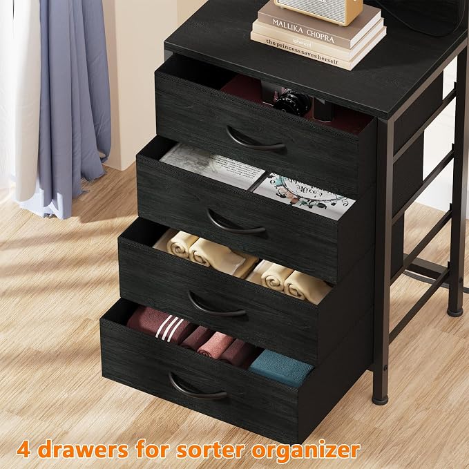 Nightstands Set of 2, 38" Tall Bedside Table with Charging Station | Charging Station & RGB LED Lights, 4 Fabric Drawers & Storage Wood Shelves, Metal Frame, Black Night Stand for Bedroom Dorm